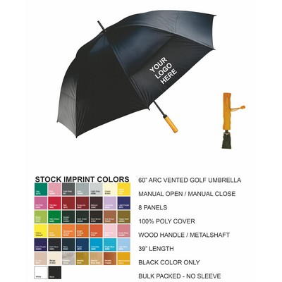 60" Arc, Manual Open /Close Vented Golf Umbrella,Wood Handle, Black Color Only