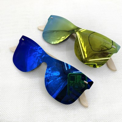 Mirror Lens Sunglasses With Bamboo Legs and Silver Dots